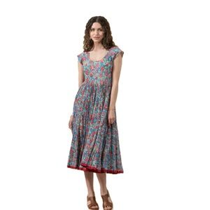 Trade Cloth, Floral Blue and Red Women's Santa Fe Dress, Size S